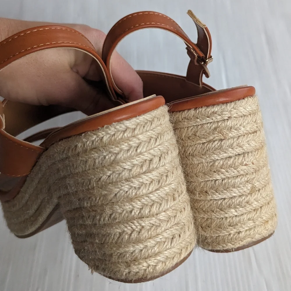 LOLITA brown faux leather strappy sandals with chunky espadrille platform sole